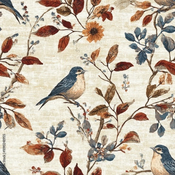 Fototapeta Vintage tapestry bird and foliage pattern on vintage beige fabric background, seamless repeating pattern, textile print style, minimal, tapestry design, seamless bird and foliage pattern, home decor