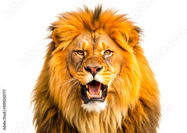 Fototapeta Angry lion on isolated transparent background, Closeup front view portrait of roaring lion head face, open mouth, jaw, big teeth, isolated on transparent background.