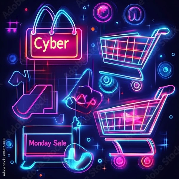 Fototapeta Cyber Monday Neon Sign with Shopping Carts