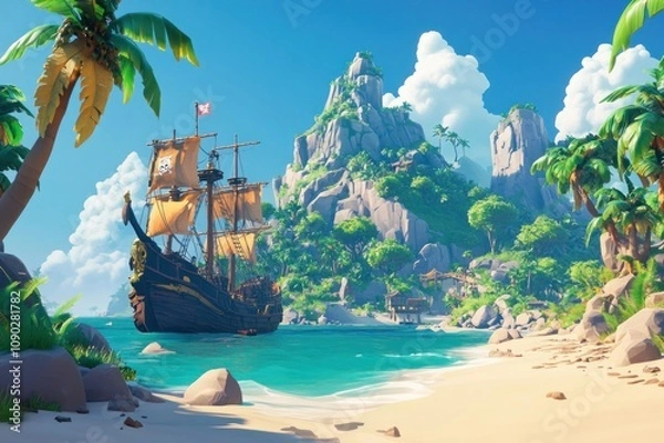 Fototapeta Pirate ship docked at the beach in front of a tropical jungle island, in the style of catroon