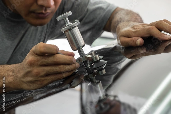 Obraz A man using repairing equipment to fix damaged windshield