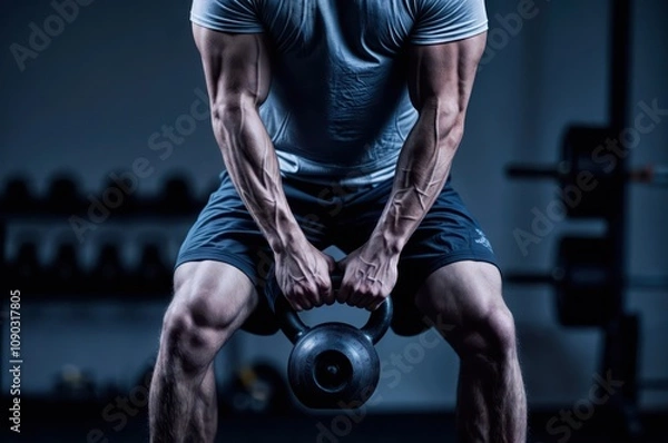 Obraz Kettlebell Workout Power: Low-Angle Shot Highlighting Strength and Muscle Definition
