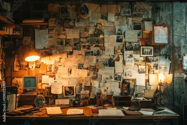 Fototapeta A wall covered in photos and notes, with the desk of a detective office illuminated by warm light.