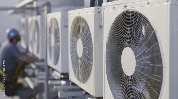 Obraz A detailed view of an HVAC technician installing air conditioning units on a commercial building rooftop, Commercial HVAC installation scene, Technical and precise style