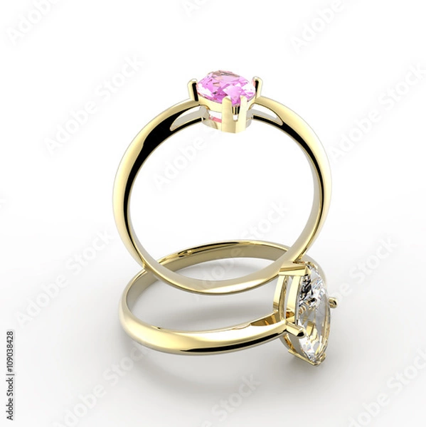 Fototapeta Diamond Rings. on a white background. 3D rendering