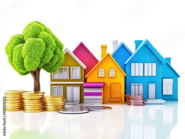 Fototapeta Colorful miniature houses, coins, and a tree on a white background.