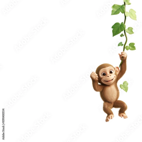 Fototapeta Playful baby monkey hanging from a vine surrounded by lush green leaves in a vibrant jungle setting, showcasing its curious expression and lively personality.