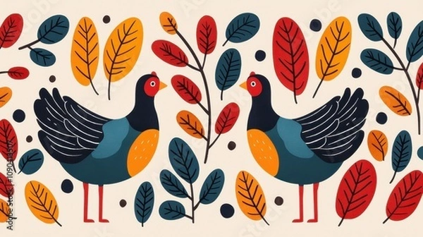 Fototapeta Colorful birds and leaves in whimsical Thanksgiving design