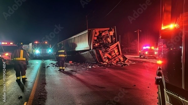 Fototapeta Emergency responders at a truck accident scene during nighttime.