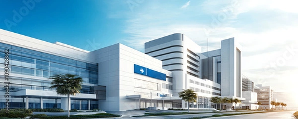 Obraz Modern hospital building with sleek glass exterior under a clear blue sky