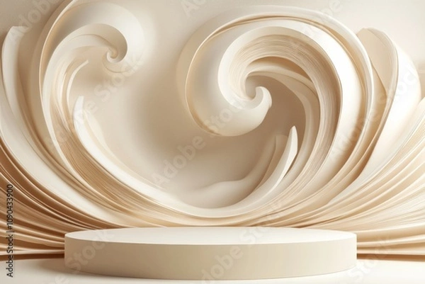 Fototapeta Abstract Minimalist Product Display: An elegant and modern 3D rendered scene featuring a circular podium bathed in soft, warm light. The background showcases intricate swirling organic shapes.
