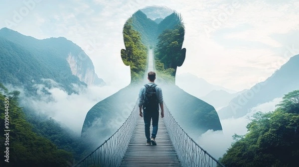 Obraz The Journey Within: A man walks towards a vibrant future, symbolizing personal growth, self-discovery, and the pursuit of dreams, a powerful visual metaphor for inner strength and the path ahead.
