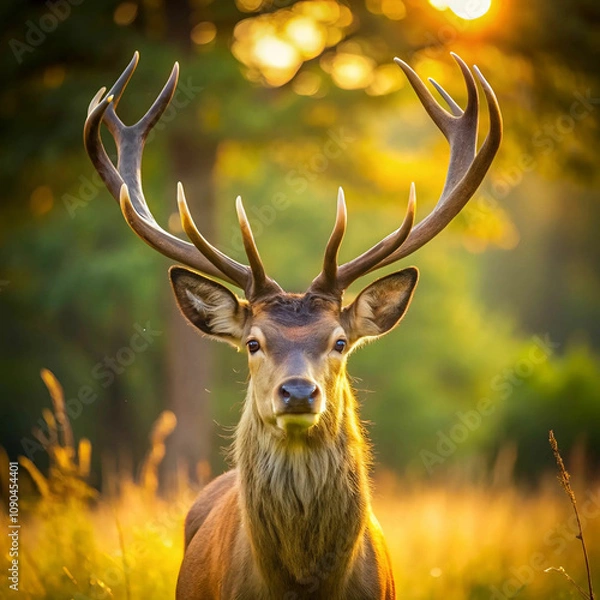 Obraz A sunlit red deer stag with newly growing antlers