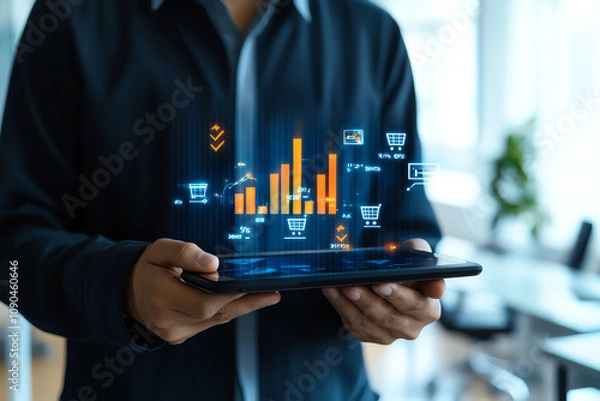 Obraz A person holding a tablet displaying a digital bar graph with shopping cart icons, representing e-commerce data analysis and online sales growth in a modern business environment.