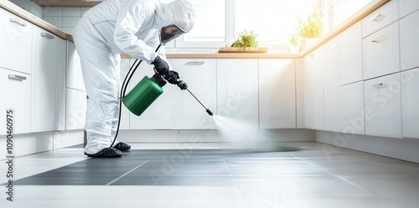 Obraz A professional in protective gear performs pest control in a bright kitchen, ensuring cleanliness and safety. Effective use of modern equipment highlights precision and care.
