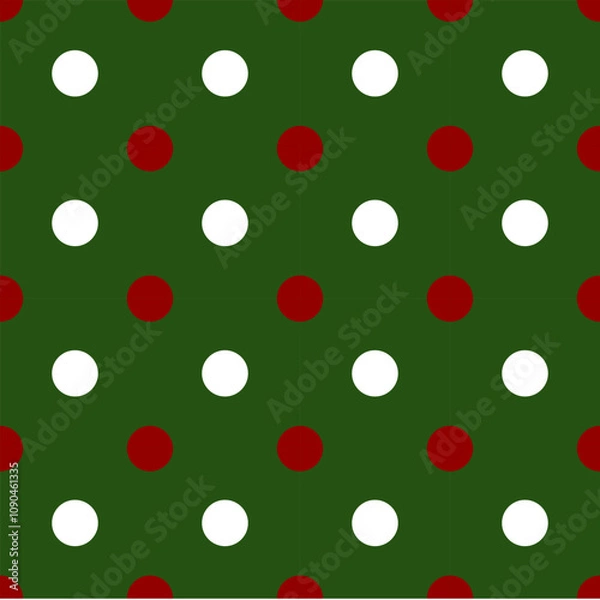 Obraz Seamless christmas polka dots vector illustration. White and red dots on green background 