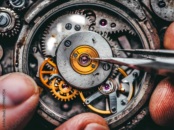 Fototapeta AI-Generated image of A person is repairing a watch with a magnifying glass. The watch is old and has a lot of gears. The person is focused on the task at hand, carefully examining the watch and makin