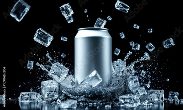 Fototapeta silver can surrounded by ice cubes and splashing water creates refreshing scene. dynamic movement and cool colors evoke sense of chill and thirst quenching enjoyment