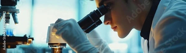 Fototapeta Researcher using a microscope to study cells, closeup, intense lighting, professional lab environment