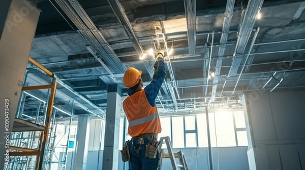 Obraz An electrician installing lighting fixtures in a commercial building under construction, Electrical installation scene, Technical and essential style