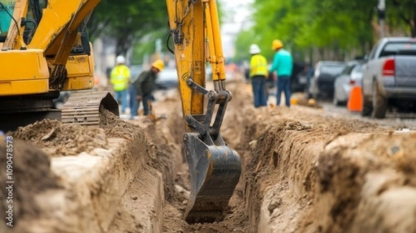 Obraz An excavator operator digging trenches for utility lines at a municipal infrastructure project, with excavation equipment and construction workers in the background, Municipal infrastructure scene
