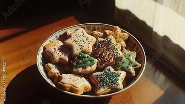 Fototapeta A bowl of Christmas cookies, decorated with icing and sprinkles in various shapes including stars, trees, hearts, and geometric patterns, sits on top of an oak table, with light coming from the window