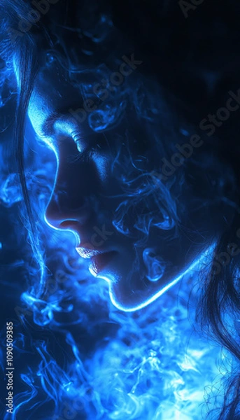 Fototapeta Sensual Woman Succubus, at night in blue light, glowing. AI generative