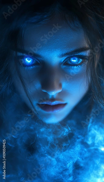 Fototapeta Sensual Woman Succubus, at night in blue light, glowing. AI generative