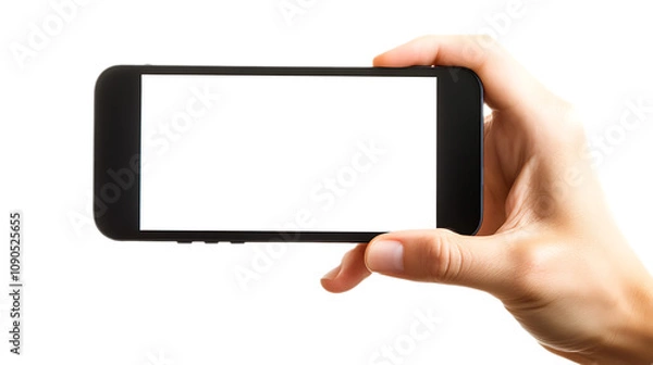 Fototapeta Hands, gripping a blank white screen mobile phone, presenting a blank white screen mobile phone on transparent background 