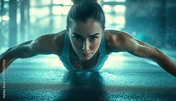 Fototapeta A determined athlete performing push-ups in a gym, showcasing strength and focus.