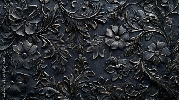 Fototapeta Intricate Floral Embossed Pattern on a Dark Leather Surface, a Close-up View of Detailed Carving and Texture, Embellishing a Classic Design with Delicate Embossing
