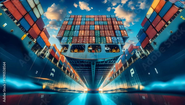Fototapeta Logistic Perspective shot from below the waterline, showing the massive size of a cargo ship with stacked co3