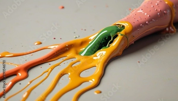 Fototapeta A slimy, clinging substance dripping from an object, leaving a trail of goo across a neutral surface, Generative AI