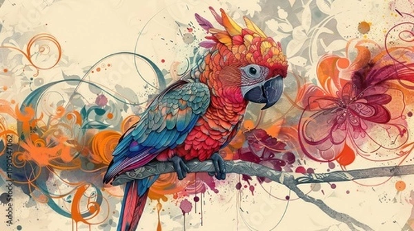 Obraz Colorful parrot perched on branch amidst floral swirls.