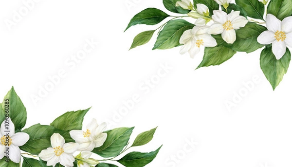 Obraz Green Vine Isolated on Transparent Background with Watercolor jasmine Leaves and jasmine flower for Invitations, corner border