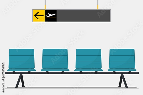 Fototapeta Niebieskie miejsce na lotnisku w poczekalni i oznakowanie wskazujące drogę. Płaska konstrukcja. Ilustracji wektorowych.