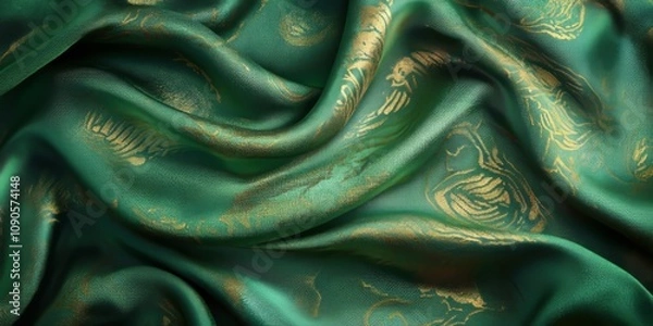 Obraz Background texture featuring a silk fabric with a shiny green tone, adorned with a subtle abstract print inspired by rock paintings, creating a unique visual appeal in silk fabric design.
