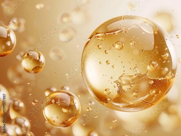Obraz Golden oil bubble with photorealistic details and a glossy finish on background soft gradient of light beige tones