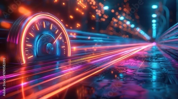 Fototapeta Futuristic speedometer on neon highway, representing high-speed data transfer.
