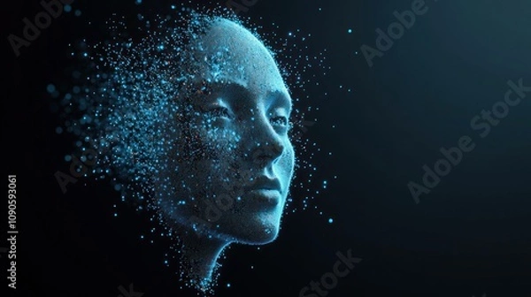 Fototapeta Abstract face dissolves into the digital universe flow.