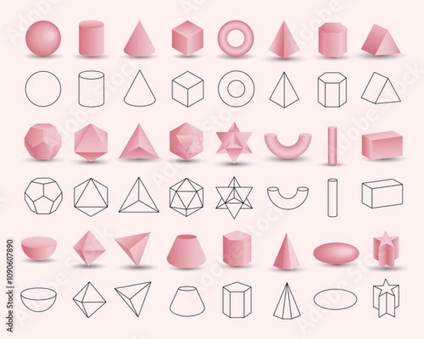 Fototapeta Set of vector realistic 3D pink geometric shapes isolated on background. Mathematics of geometric shapes, linear objects, contours. Platonic solid. Icons, logos for education, business, design