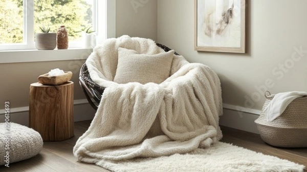 Fototapeta Cozy seating area with a fluffy blanket and decorative elements.