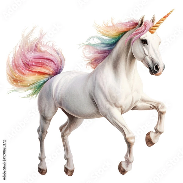 Fototapeta A majestic unicorn with a vibrant, rainbow-colored mane, striking a dynamic pose, featuring a spiraled horn and a sleek white coat.