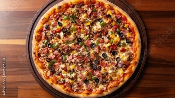 Fototapeta Delicious and Colorful Pizza Topped with Fresh Vegetables, Savory Meat, and Melted Cheese on a Wooden Surface Perfect for Food Photography and Culinary Use