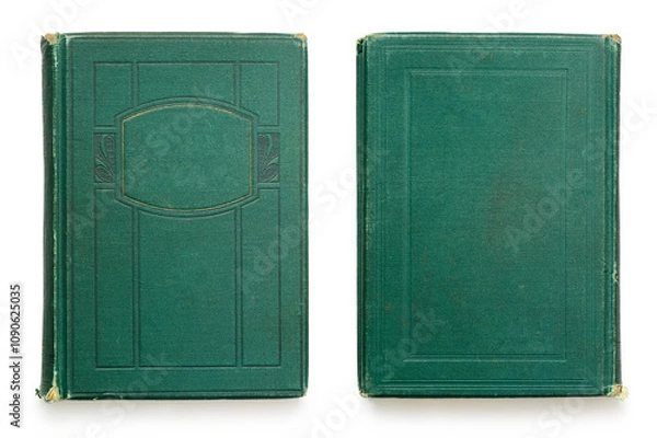 Fototapeta Shabby cover of a vintage book with frame. Old and ornate book cover green texture with gold decorative frame isolated white background.