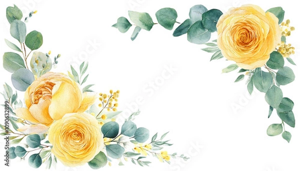 Obraz Watercolor Floral Corner Border Yellow Roses and Golden Peony with Eucalyptus Greenery for Elegant Invitations