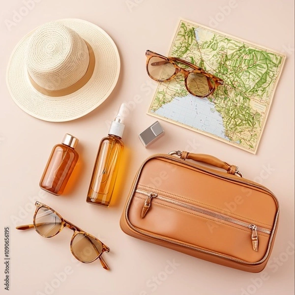 Fototapeta Cruise luggage trip concept. A stylish travel flat lay featuring sunglasses, hair products, a hat, a map, and a chic bag, perfect for summer adventures.