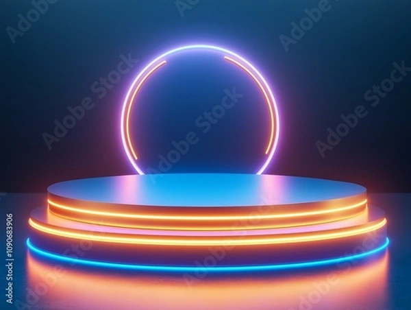 Fototapeta Minimalist 3D podium glowing with neon accents floating in a sleek dark environment perfect for product display