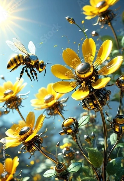 Obraz Steampunk Bee and Mechanical Flowers: A Futuristic Garden - A mesmerizing blend of nature and technology, where a steampunk bee hovers among a field of mechanical flowers. 1