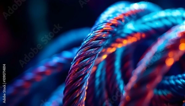 Obraz Vibrant close-up of intertwined steel cables illuminated by neon blue and orange lighting, creating a futuristic and abstract industrial aesthetic. The bokeh effect adds depth and texture